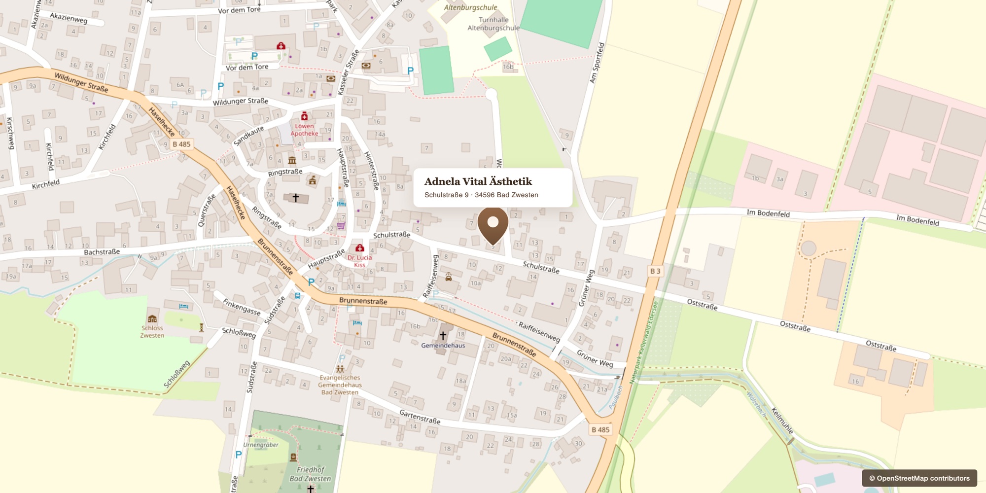 Karte von Bad Zwesten mit Standort von Adnela Vital Ästhetik in der Schulstraße 9