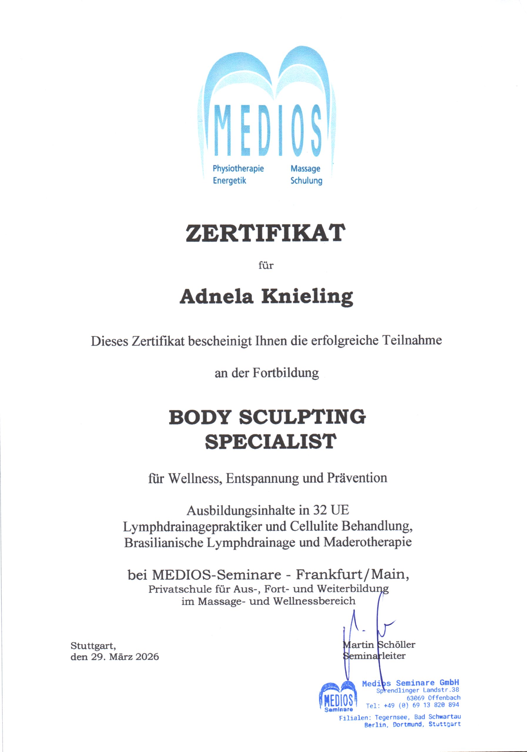 MEDIOS Zertifikat Body Sculpting Specialist