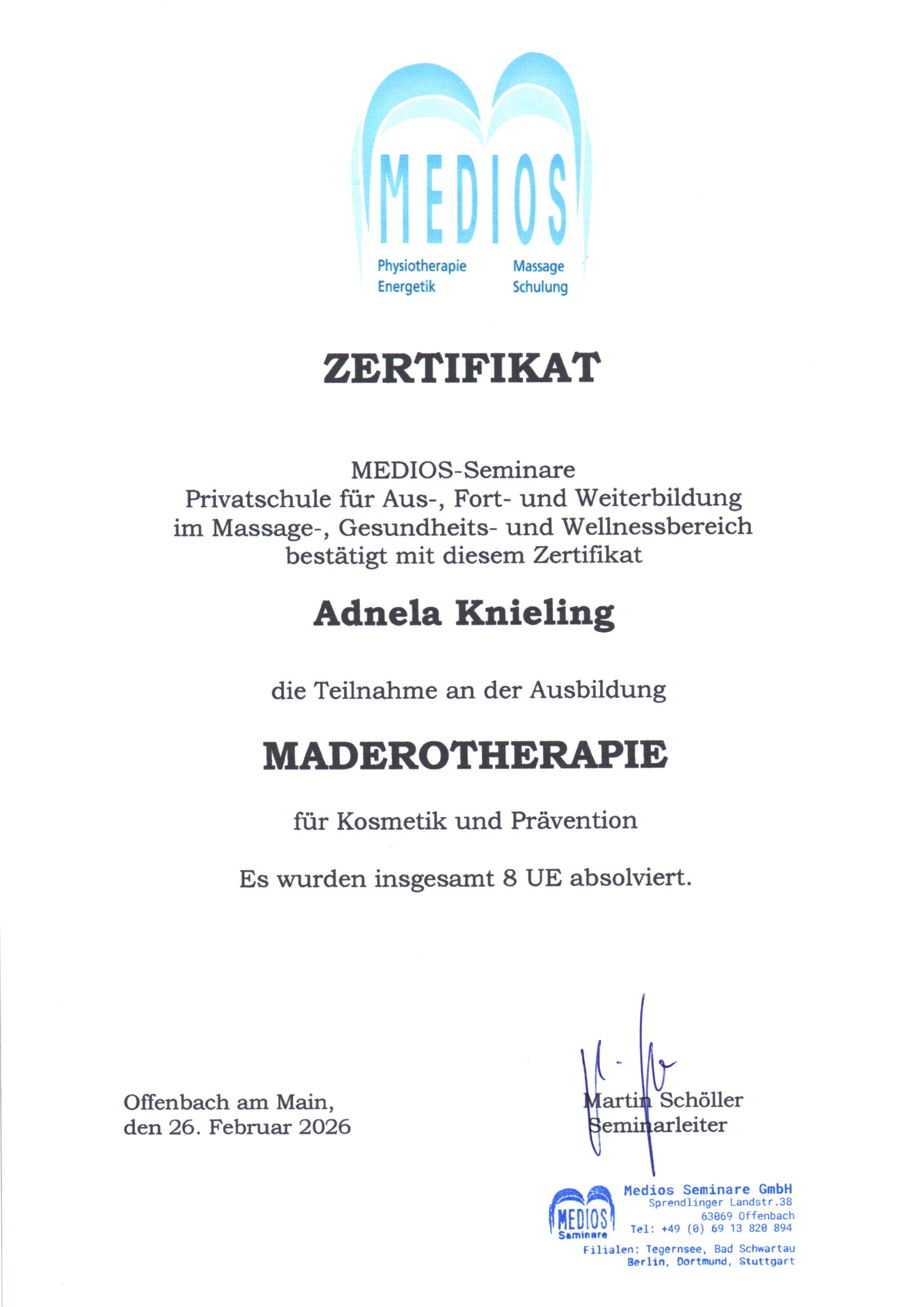 MEDIOS Zertifikat Maderotherapie